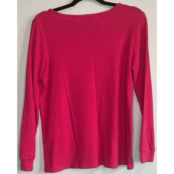 BiBi Womens Hot Pink Long Sleeve Waffle Knit Top V-Neck Small Made in USA - Picture 2 of 8